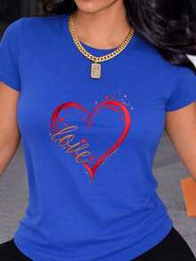 Camiseta de moda para mujer, con estampado creativo en forma de corazón para el Día de San Valentín, mangas cortas suaves, sencilla, elegante, casual y con estilo, ropa moderna para mujeres jóvenes, un imprescindible para las vacaciones. - Azul - Ver 1