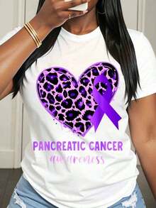 Women's Cotton T-Shirts Pancreatic Cancer Awareness Purple Ribbon Heart Leopard Print T-Shirt For Women Support And Solidarity Cancer Awareness Rel Basic Blouses For Women - 白色 - 查看 7