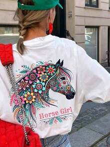Camiseta de manga corta para mujer, holgada, de cuello redondo, con estampado floral de cabeza de caballo de dibujos animados, adecuada para vacaciones, oficina, salidas, uso diario, citas, fiestas, reuniones, ropa de calle, carnavales, festivales de música, Día de San Valentín y otras ocasiones, color blanco casual, 100% algodón. - Blanco - Ver 5