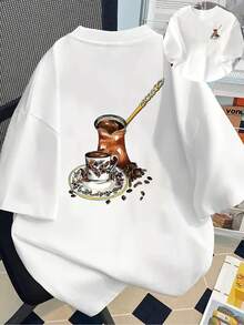 New 180g Short-Sleeved T-Shirt, 1% Cotton, With Front And Back Prints - Turkish Coffee, Coffee Maker - Fashionable Printed T-Shirt For Women, Your Best Choice! - Suitable For Layering In Spring And Autumn, Or For Wearing Alone In Summer, Unisex Style. - 白色 - 查看 6