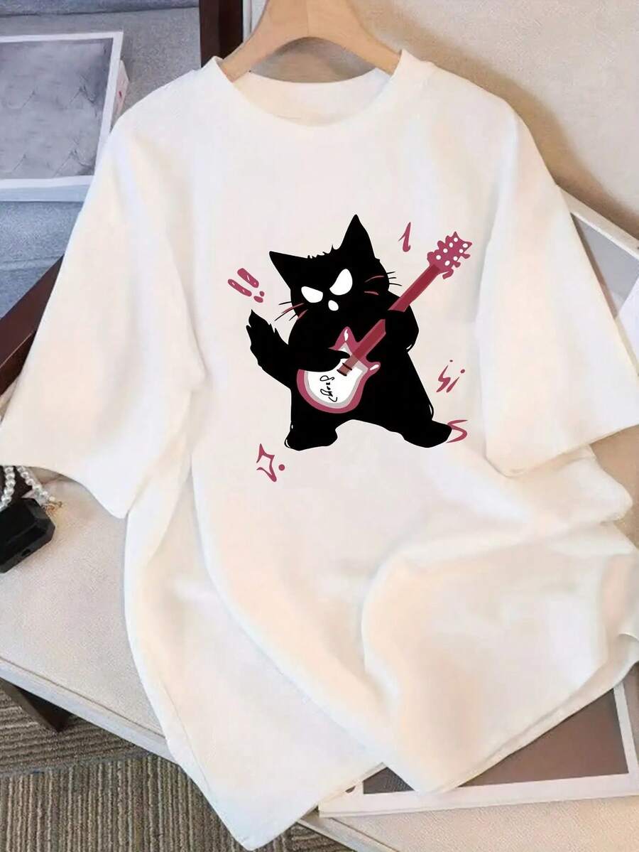 Modern And Minimalist T-Shirt For Women - Cute Design Of A Black Cat Playing The Guitar, Short-Sleeved T-Shirt, Suitable For Concerts And Casual Wear - Summer T-Shirt, Youthful, Fashionable, Lightweight, Short-Sleeved For Everyday Casual Wear. - 白色 - 查看 1