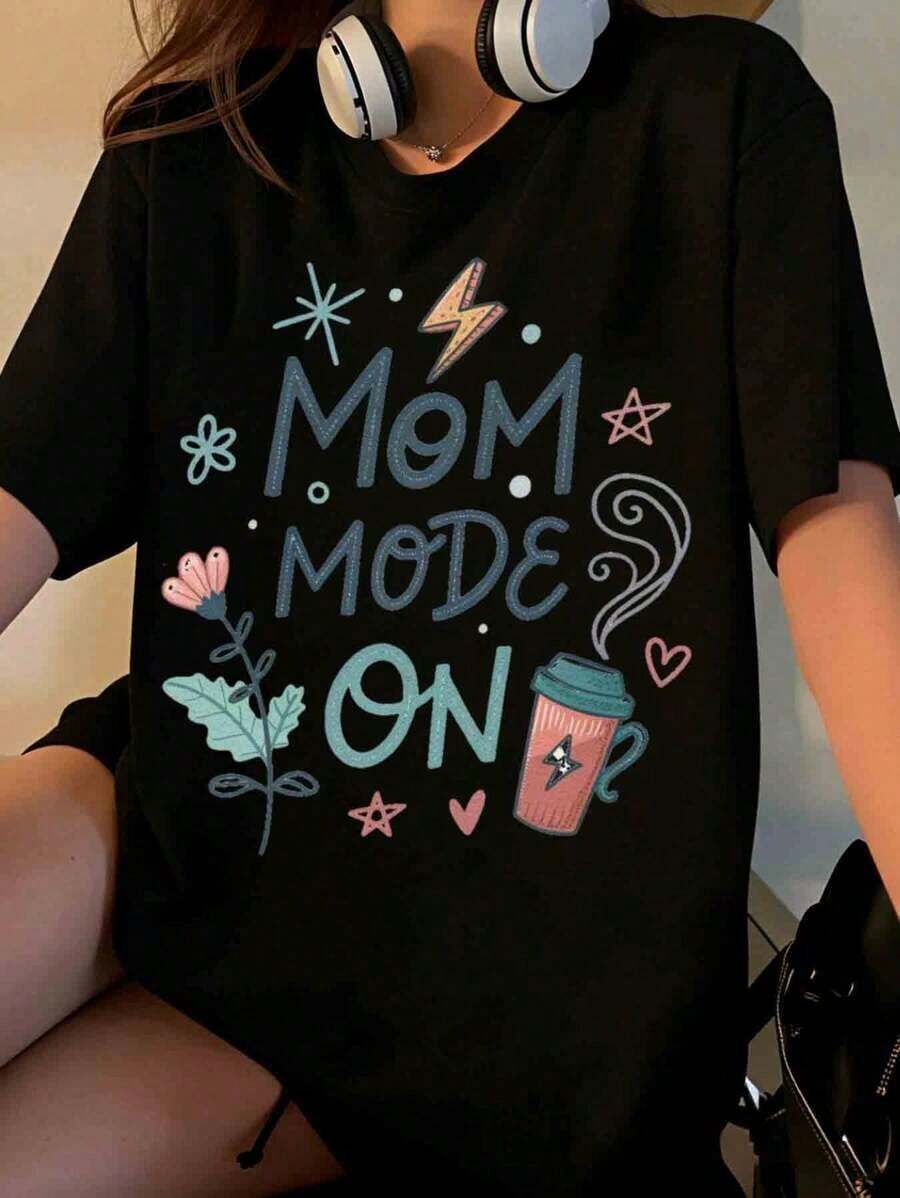 Women's "Mom Mode On" T-Shirt, Funny Gift For Mom, Mother's Day T-Shirt With Coffee And Flowers Design, Perfect For Casual Wear And Daily Activities [Suitable For Leisure And Sports Occasions] - 黑色 - 查看 1