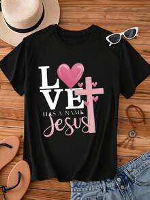 Mexican Women's Crew Neck T-Shirt With Heart And Jesus Cross Print, Short Sleeve, Casual Style, Christian Faith, For Everyday Wear And Religious Events. Summer Fashion Cotton T-Shirt - 黑色 - 查看 3