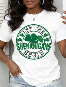 Mexican Women's Crew Neck T-Shirt With "Let The Shenanigans Begin" And St. Patrick's Day Shamrock Print, Short Sleeve, Casual Style For Parties And Celebrations. Summer Fashion Cotton T-Shirt - 白色 - 查看 1