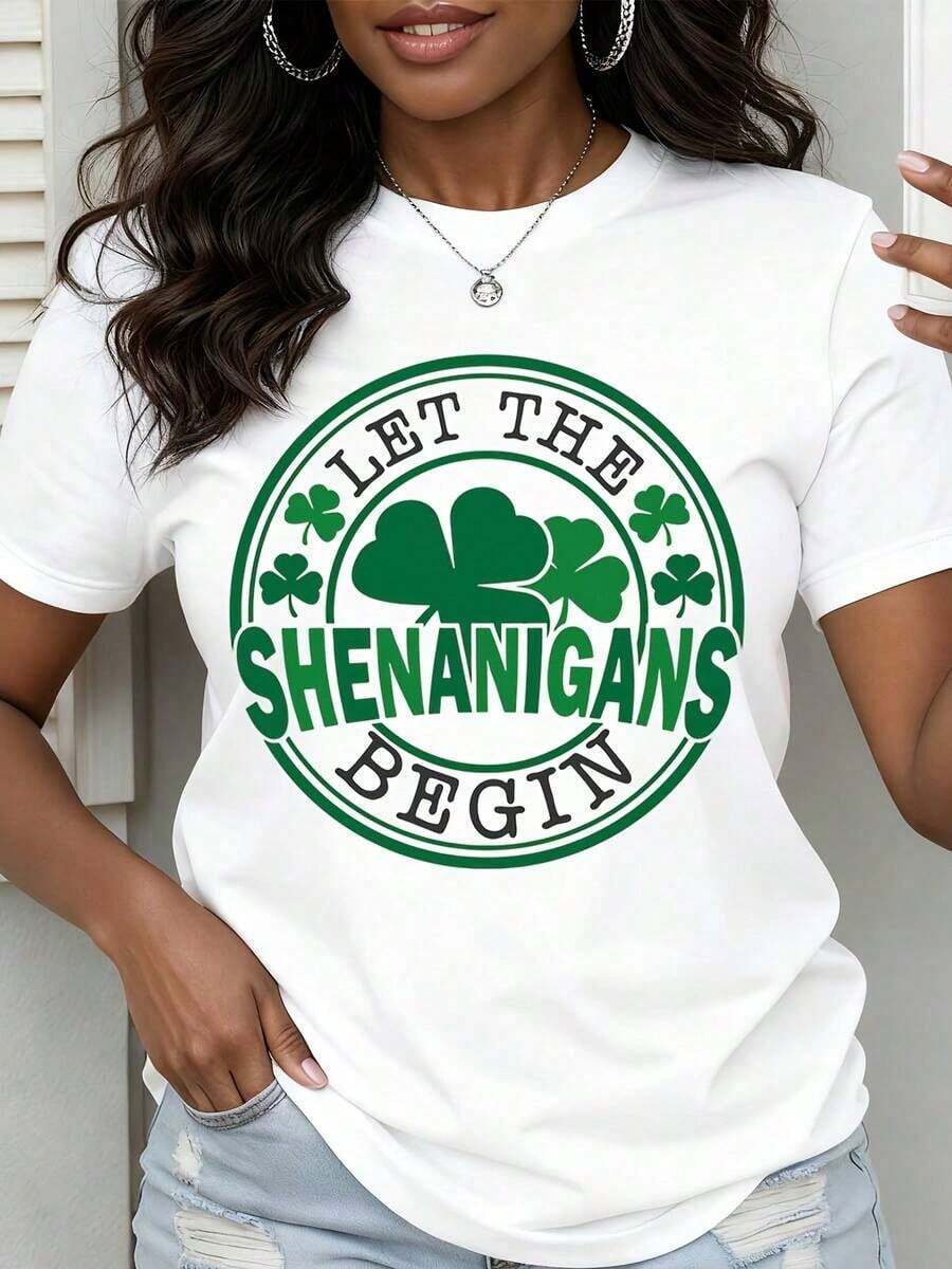 Mexican Women's Crew Neck T-Shirt With "Let The Shenanigans Begin" And St. Patrick's Day Shamrock Print, Short Sleeve, Casual Style For Parties And Celebrations. Summer Fashion Cotton T-Shirt - 白色 - 查看 1