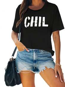 Women's Cotton T-Shirts With Round Neck, Casual Style, Plus Size, Loose Fit, Letter Print CHIL - Comfortable Casual Top In Light Gray, Soft And Breathable Fabric, Suitable For All Seasons, Machine Washable, Daily Use, Pullover Style With Medium Elasticity. - 黑色 - 查看 7