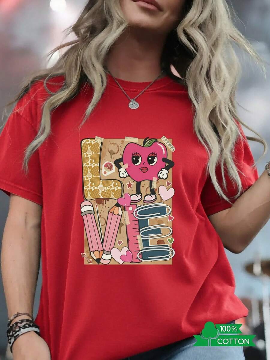 Women's Round Neck T-Shirt With Letter And Anime Print, Simple Design, Comfortable And Breathable, Suitable For Sports, Casual And Everyday Wear, A Must-Have For Summer Parties, Local Shipping, With Anthropomorphic Apple Heart Sticker - Unisex Loose Cotton Short Sleeve Round Neck T-Shirt, Urban Vintage Style. - 紅色 - 查看 1