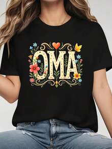 Camiseta Casual de Manga Corta y Cuello Redondo para Mujer, con Estampado Floral de Mariposas 'OMA', para Reuniones Diarias y Ocasiones Familiares - Negro - Ver 6