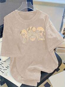 A Women's Modern Print Washed Cotton T-Shirt - 230g Thick Cotton, Urban Vintage Style, Round Neck, Short Sleeves, Machine Washable, Suitable For Casual Wear In Spring And Summer, A Unique Loose-Fitting T-Shirt For Women. - 杏色 - 查看 7