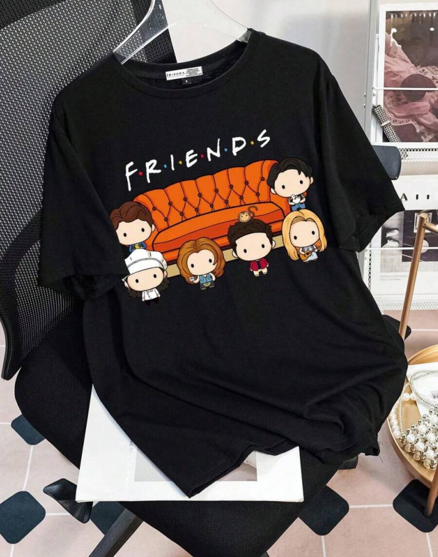 FRIENDS X Camiseta informal y holgada de manga corta y cuello redondo para mujeres, apta para el verano - Negro - Ver 1