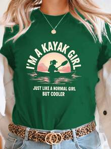 I M A KAYAK Printed T-Shirt, Casual Short Sleeve Round Neck Top, Women's Spring/Summer Clothing, Women's Blouses - 綠色 - 查看 6
