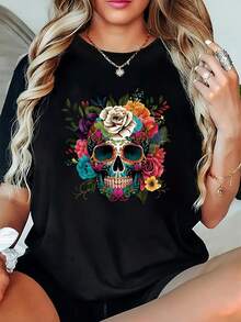 Plus Size Women's Clothing, Short Sleeve Round Neck T-Shirt With Mexican Day Of The Dead Theme, With Various Prints Such As Sugar Skulls, Floral Skulls, Guitars, Marigolds, Etc., Suitable For Halloween And Festive Celebrations. - 黑色 - 查看 6