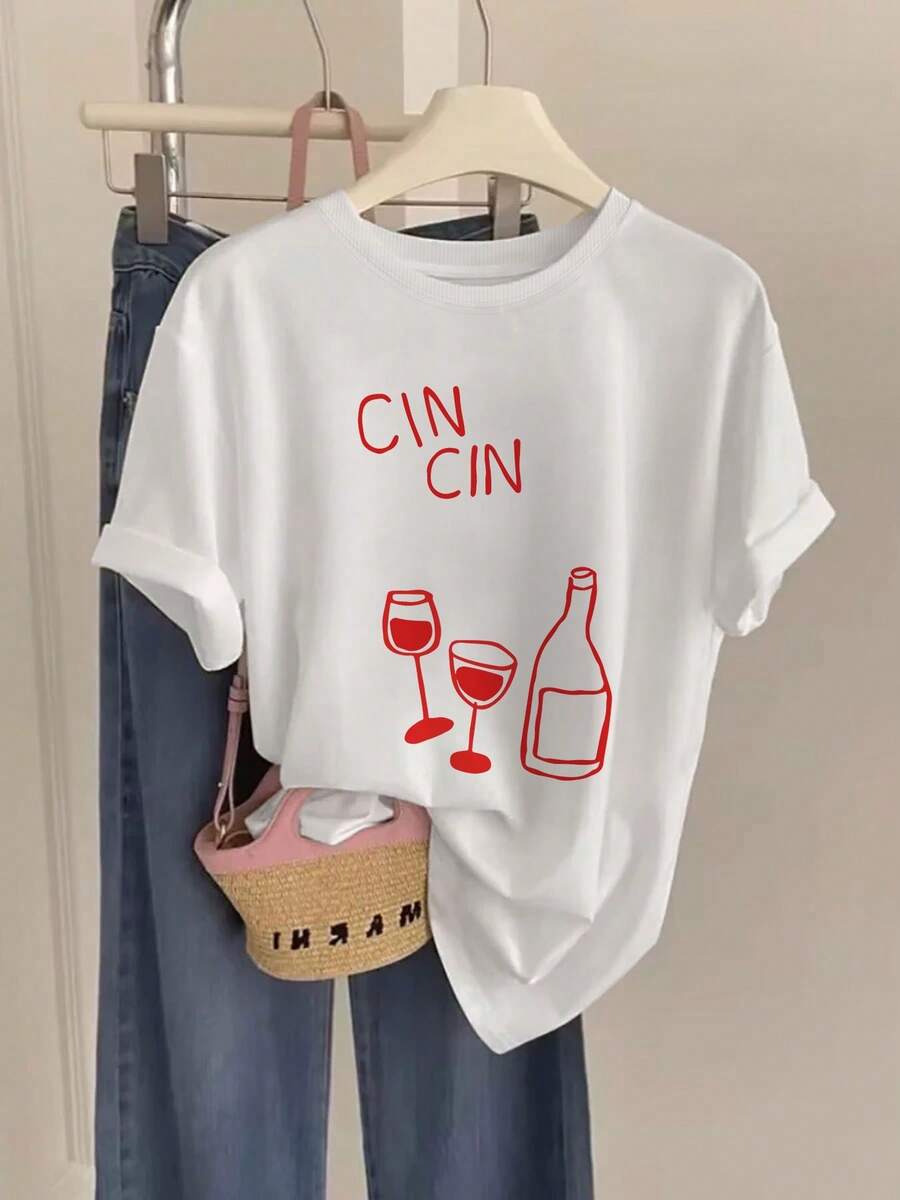 [Quanquan] Minimalist Style Moon Print Short Sleeve Round Neck Cotton T-Shirt, Elegant Party Outfit, Elegant Ladies T-Shirt, Blouses Suitable For Curvy Women, Casual Wear, Cool And Sweat-Free Summer Clothes, Fun Letter Print - 白色 - 查看 1