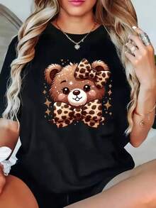 Leopard Print T-Shirt With Bow, Casual Style, Soft And Washable, With Round Neck, For Animal Print And Teddy Bear Enthusiasts - Urban Vintage Style, Unisex, Cotton, Short Sleeve, Round Neck. - 黑色 - 查看 6
