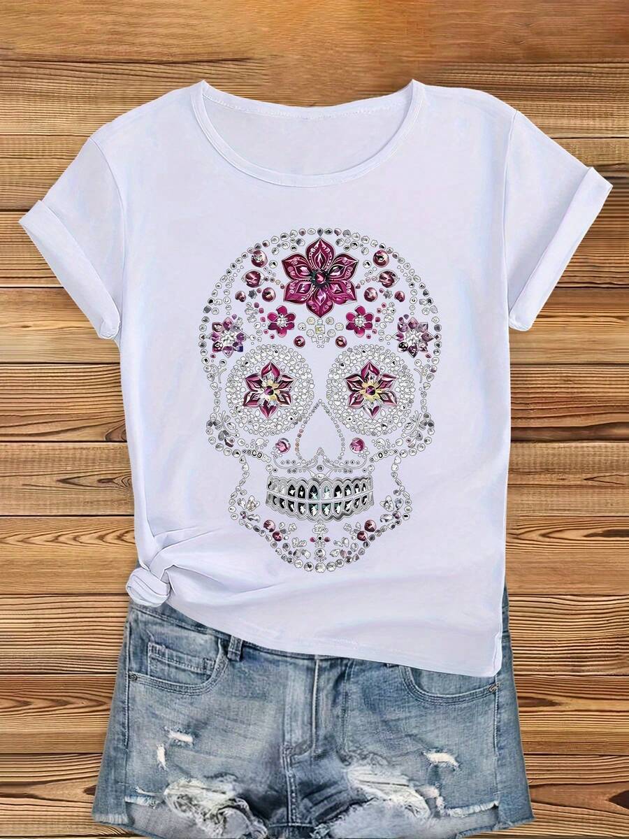 A Cute And Stylish Short-Sleeved T-Shirt With A Round Neck And A Floral Skull Print, Perfect For Day Of The Dead Celebrations. This T-Shirt Is Stretchy, Soft, Machine Washable, And Ideal For Lounging At Home. - 白色 - 查看 1