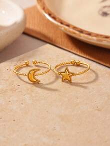 1 pieza Anillo vintage de estrella y luna para mujer, chapado en oro de 18K, acero inoxidable con diseño de estrella y luna, anillo de pareja para boda y fiesta, regalo de joyería - Multicolor - Ver 7