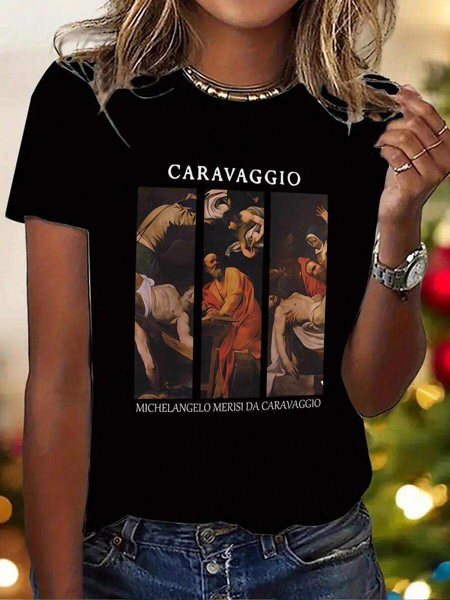 Women's Y2K Style Cartoon Print T-Shirt, Casual Short Sleeve Crew Neck Top, All Seasons Clothing | Loungewear | Fashionable Letter Print - 黑色 - 查看 1