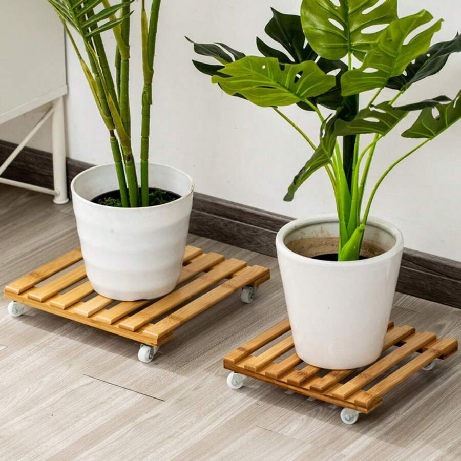 Thickened Bamboo Rolling Plant Pot Stand Mobile Square Flower Pot Base With Wheels Home Balcony Garden Plant Display Rack - 25cm*5cm*25cm - View 1
