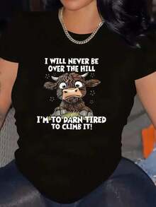 Plus Size - Women's Plus Size 'I Will Never Over The Hill' Cartoon Cow Graphic T-Shirt - Casual, Round Neck, Short Sleeves, Comfortable For All Seasons, Machine Washable - 黑色 - 查看 1