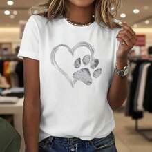 Women's Pure Cotton T-Shirt With Heart And Paw Print, Short Sleeve, Round Neck, Casual Style, Soft And Breathable, Available Sizes, Perfect For Pet Lovers, Daily Wear, Summer Fashion, Loose And Comfortable Fit. - 白色 - 查看 7