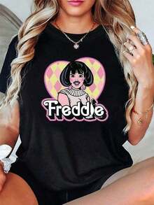 100% Cotton. One Piece Freddie Letter Print T-Shirt, Short Sleeve, Round Neck, Casual Top For Summer And Spring, Women's Clothing. 100% Cotton. Women's Simple Solid Color T-Shirt, Loose And Slim Fit Casual Short Sleeve - 黑色 - 查看 7
