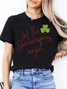 Women's Blouses Women's T-Shirt With Four Leaf Shamrock Print For St. Patrick's Day - Short Sleeve, Crew Neck, Casual Style With Irish Shamrock, Suitable For Daily Wear, Festive Outfits And All Year Round - Machine Washable Irish Clothing For Parties And Everyday Use - Vintage Urban Style, Unisex, Loose Fit Cotton Crew Neck Short Sleeve T-Shirt, 100% Cotton - 黑色 - 查看 1