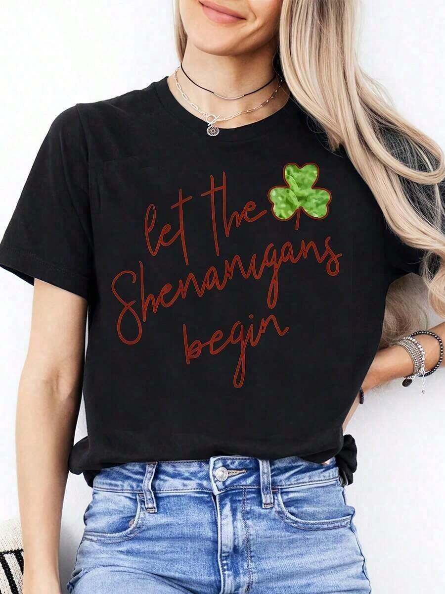 Women's Blouses Women's T-Shirt With Four Leaf Shamrock Print For St. Patrick's Day - Short Sleeve, Crew Neck, Casual Style With Irish Shamrock, Suitable For Daily Wear, Festive Outfits And All Year Round - Machine Washable Irish Clothing For Parties And Everyday Use - Vintage Urban Style, Unisex, Loose Fit Cotton Crew Neck Short Sleeve T-Shirt, 100% Cotton - 黑色 - 查看 1