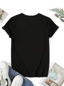 Women's T-Shirt With "Birthday Princess Aunt" Print - Casual Short-Sleeved Crew Neck T-Shirt With Fun Heart And Star Prints, Medium Stretch, Machine Washable, Comfortable For All Seasons, Opaque Fabric, Suitable For Birthdays And Family Events. Elegant Party Outfit, Stylish Ladies' T-Shirt, Blouses Suitable For Curvy Women, Casual Wear, Cool And Sweat-Free Summer Wear, Fun Letter Print. - 黑色 - 查看 2
