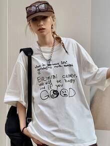 1 Pack. 100% Cotton. 100% Oversized Women's Summer Top With A Pattern - Casual White Short-Sleeved T-Shirt, Unique Letter Print, Spring-Summer Collection, Loose And Comfortable Fit. Suitable For Summer. - 白色 - 查看 3