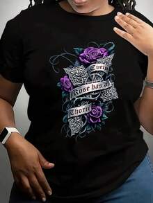 Women's Short-Sleeved T-Shirt With Rose And Thorn Print, Gothic Style, Casual Black Round Neck T-Shirt, Elastic, Machine Washable, Suitable For Sports And Leisure In Spring/Summer/Autumn. - 黑色 - 查看 6