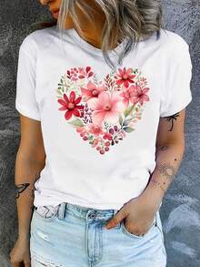 Heart-Shaped Bouquet, Watercolor Floral Print, Women's Casual Short-Sleeve T-Shirt, Comfortable Fit, Matching Sets For Sisters, Outdoor Travel Essential, Women's T-Shirt, Spring/Summer T-Shirt. - 白色 - 查看 6