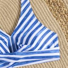 Sexy Bikini For Women, Striped Design With Deep V-Neck, Halter Neck And Quick-Drying Fabric - Blue - View 5