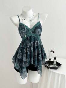 Top de mujer con estampado de leopardo y dobladillo asimétrico con encaje - Verde - Ver 7