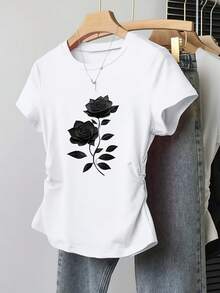 Black Rose Art Print - Y2K Style - Women's Small Size Slim Fit Solid Color T-Shirt, Casual And Sporty Style, With Detailed Pleats At Waist, Round Neck, Short Sleeves, Suitable For Four Seasons. - 黑色 2 - 查看 6