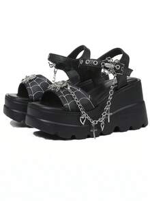 Platform Wedge Sandals For Women - Spider Web & Chain Decor Gothic Sandals For Punk Egirl & Festival Outfit - Black - View 2