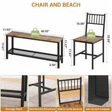 Conjunto de comedor compacto para 4 personas - Mesa de cocina moderna con 2 sillas y banco, estante de almacenamiento y estructura metálica - Perfecto para comedores, apartamentos o espacios pequeños - Marrón Chocolate - Ver 5