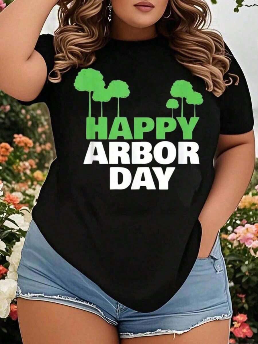 Women's Plus Size Tree Day T-Shirt With Tree Planting Celebration Graphic Print, Casual Summer Outfit For Earth Day And Nature Lovers. Loose Fit Women's T-Shirt. - 黑色 - 查看 1
