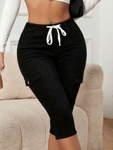 Women's Mid-Rise Cargo-Style Fitted Denim Capris With Medium Stretch, Elastic Waistband With Drawstring, Casual Style - 黑色 - 查看 1