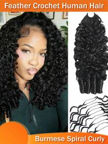bling hair Tóc giả móc Feather Crochet làm từ tóc người, kiểu tóc xoăn Miến Điện, 50g, đã được tách sẵn, dành cho nữ, kiểu tóc xoăn Miến Điện, tóc nối móc vô hình, màu đen tự nhiên. - Natural Black - Xem 2