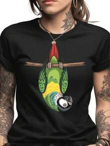 Women's Extra Large Oversized T-Shirt - Women's Oversized Crew Neck T-Shirt With Colorful Cartoon Parrot Print Hanging From A Branch And Tattooed Woman On Black Background, Casual Basic Top For Everyday Wear, 100% Cotton, Women's Going Out T-Shirts - 黑色 - 查看 1