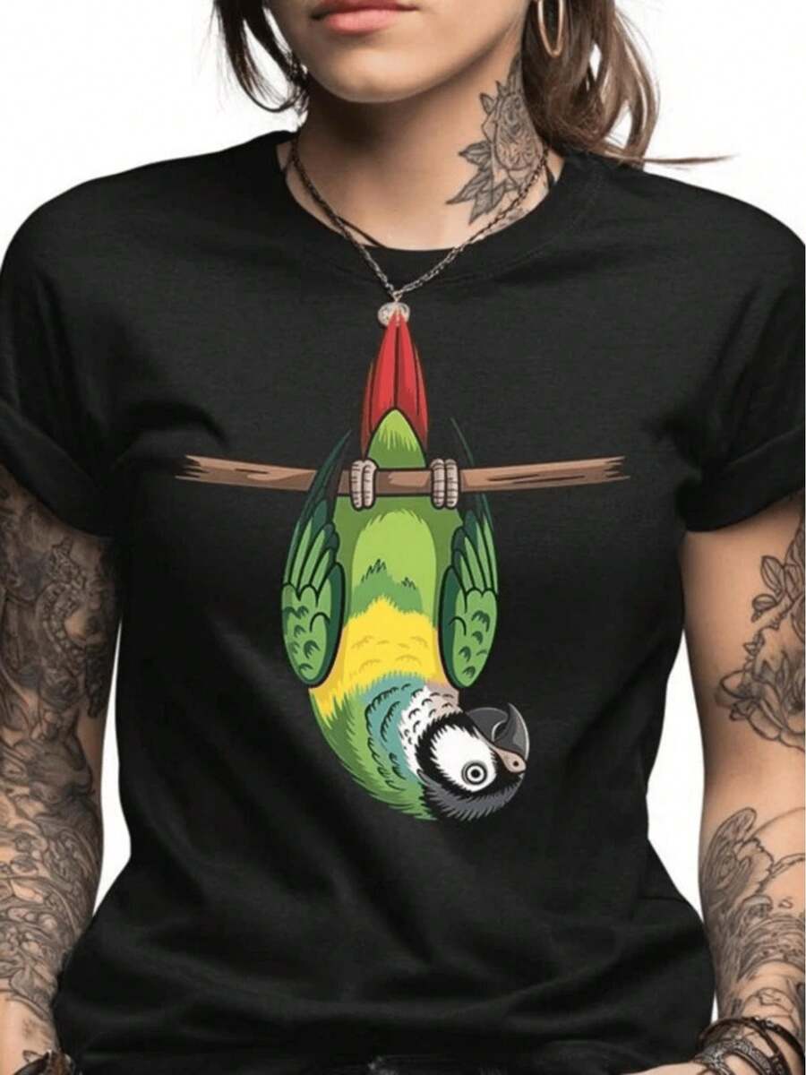 Women's Extra Large Oversized T-Shirt - Women's Oversized Crew Neck T-Shirt With Colorful Cartoon Parrot Print Hanging From A Branch And Tattooed Woman On Black Background, Casual Basic Top For Everyday Wear, 100% Cotton, Women's Going Out T-Shirts - 黑色 - 查看 1