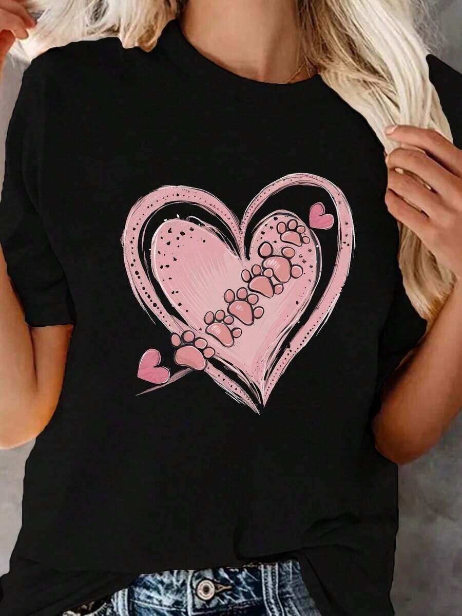 Oferta por tiempo limitado, compra limitada, flash oferta,blusas para dama casuales,poleras mujer,playeras de mujer>algodon,blusas>elegante,Ropa de mujer de manga corta con estampado de pata en forma de corazónSuitable for spring, summer and autumn - Negro - Ver 1