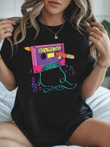 100% Algodón Premium: Camiseta unisex Y2K con diseño retro de mezcla de cintas de los 90 destaca por sus colores vibrantes y detalles nostálgicos perfecta para los amantes de la cultura pop mexicana un ícono de estilo único ideal para cualquier ocasión y para quienes valoran la moda con carácter- Ropa de Moda Casual Suave y Transpirable para Diario - Negro - Ver 6