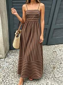 Casual Vacation Striped Spaghetti Strap Backless Waist Tie Dress - Brown - View 10
