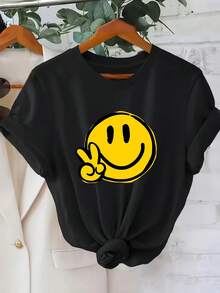 Camiseta Estampada para Mujer con de Signo de Paz Amarillo - Camiseta Casual de Manga Corta y Cuello Redondo, Diseño Negro con Nudo, Corte Relajado para Todas las Estaciones, Perfecta para el Uso Diario y Atuendos de Vacaciones, Lavable aáquina. - Negro - Ver 1