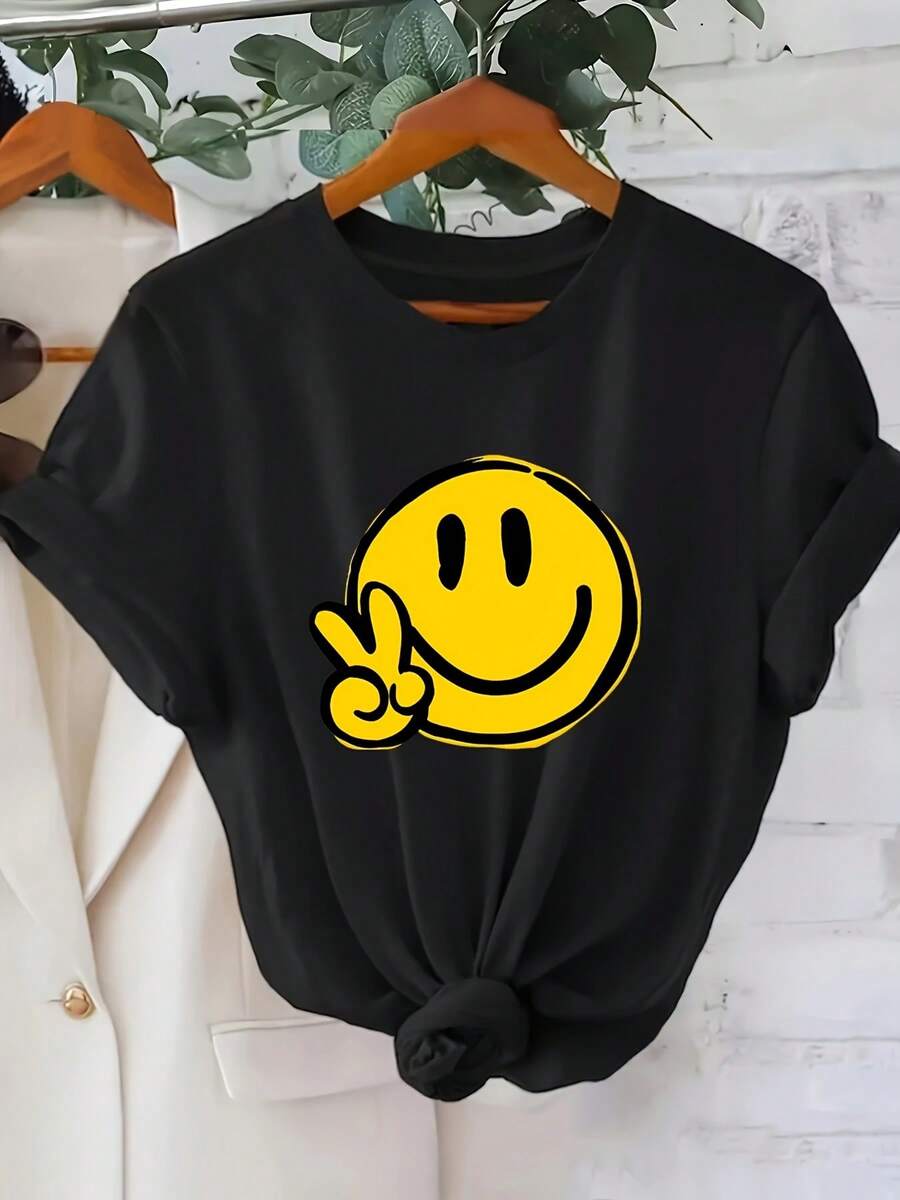 Camiseta Estampada para Mujer con de Signo de Paz Amarillo - Camiseta Casual de Manga Corta y Cuello Redondo, Diseño Negro con Nudo, Corte Relajado para Todas las Estaciones, Perfecta para el Uso Diario y Atuendos de Vacaciones, Lavable aáquina. - Negro - Ver 1