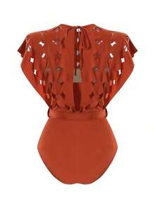 Swim Oasis Conjunto premium de cinturón de mujer de unicolor con diseño calado y cuello redondo - Color caoba - Ver 4