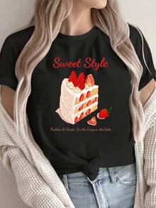 Women's White T-Shirt With A Fun Cake Print. This Casual, Short-Sleeved, Loose-Fitting T-Shirt Makes A Great Gift For Halloween Or Dessert Lovers. It's Lightweight And Comfortable, Perfect For Lounging At Home, Going To Cafes, Or Going Out. Worth Buying! K5H7 - 黑色 - 查看 9