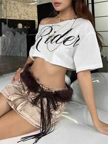 Kliou 夏季休闲露脐上衣 女款 字母印花 不对称领口 落肩设计 短袖 常规下摆 高弹力T恤 白色 - 白色 - 查看 3