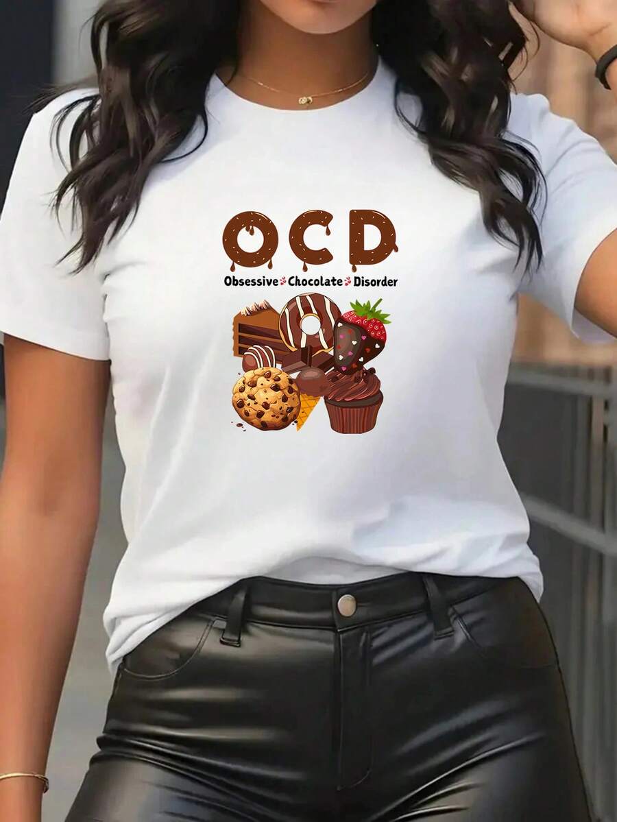 Women's T-Shirt, 1 Piece, Unisex Casual Sports Fashion T-Shirt For Chocolate Lovers, Funny T-Shirt For Chocolate Addicts, T-Shirt With The Phrase "I Love Chocolate", Top For Chocolate Lovers, Short Sleeve Top With Chocolate Print, Birthday Gift. - 白色 - 查看 1